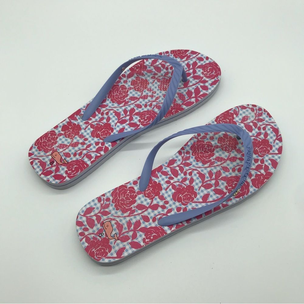 Vineyard Vines Women's Sz 8 Slippers Flip Flops Floral Gingham Patterned Pink